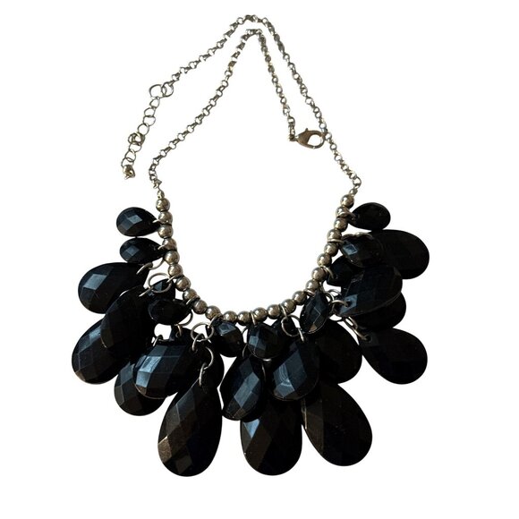 Elegant Faceted Black Teardrop Necklace Silver Tone Statement Costume Jewelry - Picture 2 of 9